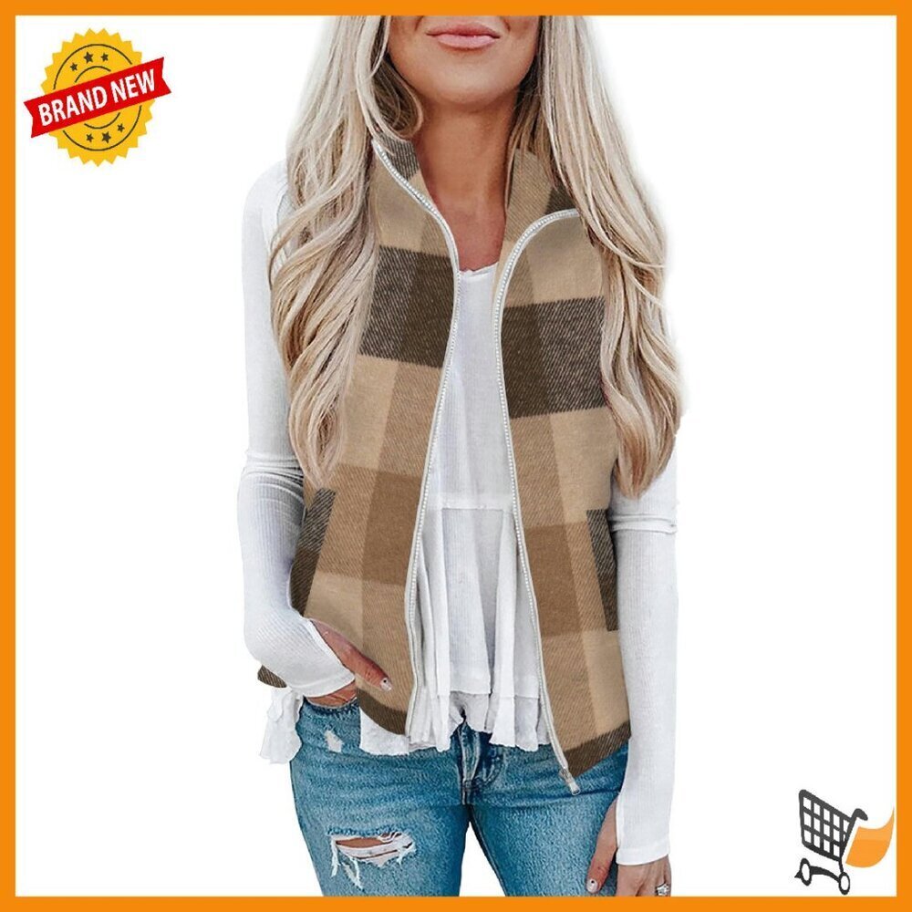 Women's Plaid Zip-Up Sleeveless Jacket with Pockets, 100% Polyester
